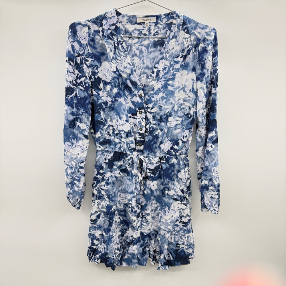 Madewell Blue White Floral Print V Neck Button Tie Waist Mini Dress Size 00